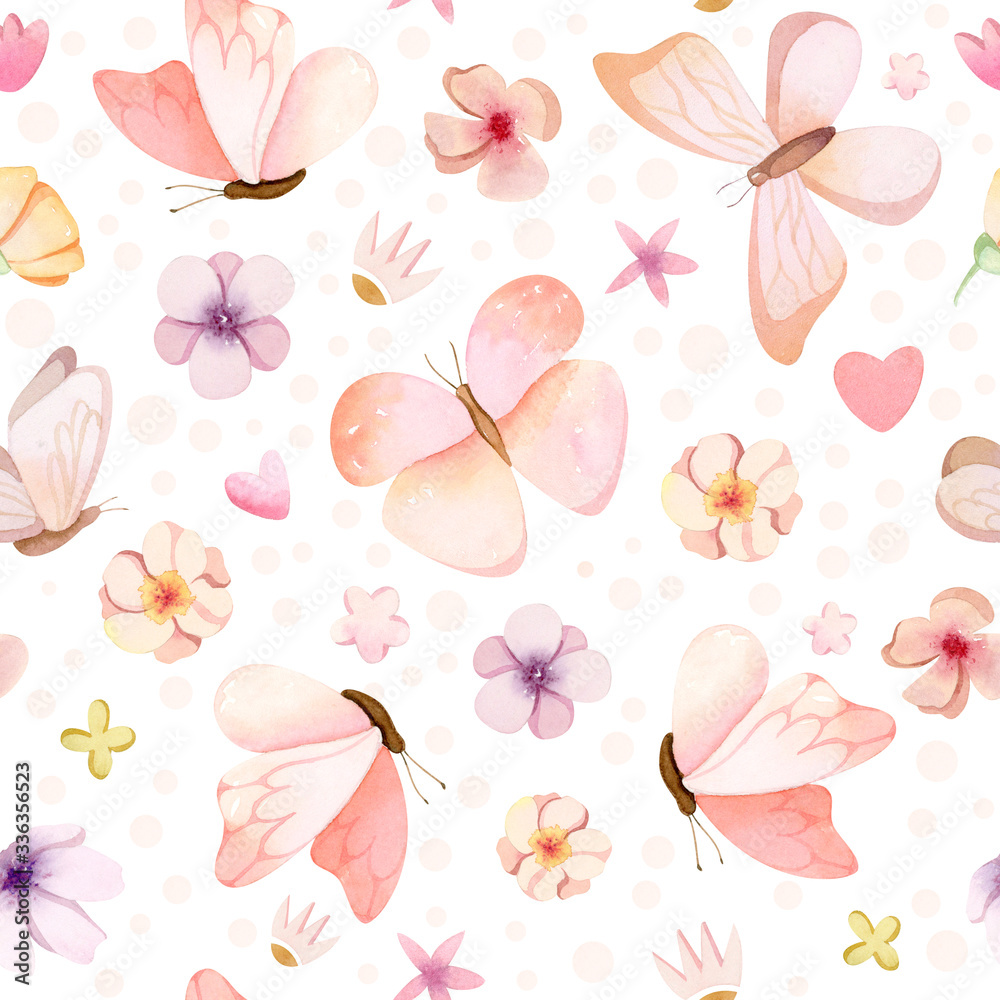 Hand painted watercolor cute pastel butterflies seamless pattern - background. 