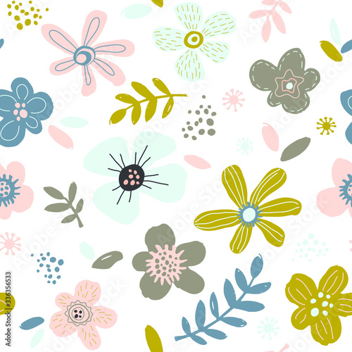 Scandinavian abstract floral seamless pattern with pastel doodle hand drawn flowers, leaves, dots on white background. Cute botanical vector texture for fabric baby print, wallpaper, wrapping paper 