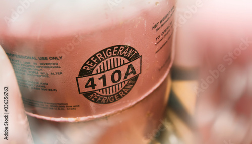 Closeup A410 refrigerant tank, using the pink symbol for industrial air conditioners in hanging buildings
 photo