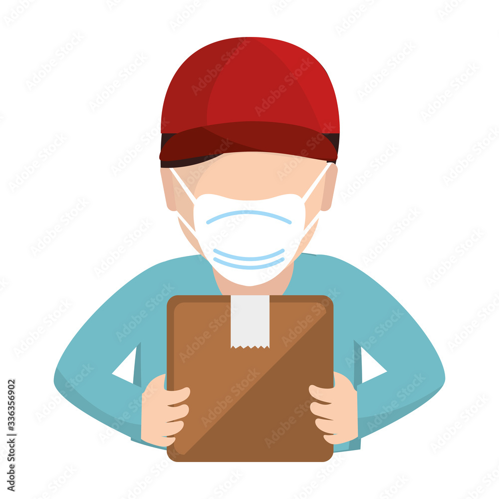 delivery worker using face mask with box carton vector illustration design