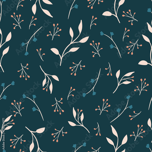 Vector seamless pattern with leaves and flowers on dark background. Floral illustration for textile, print, wallpapers, wrapping.