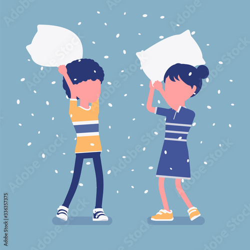Pillow fight game, boy and girl kids enjoy free time at home. Sleepover fun, pajamas party, slumber entertainment for young children staying in house. Vector illustration, faceless character