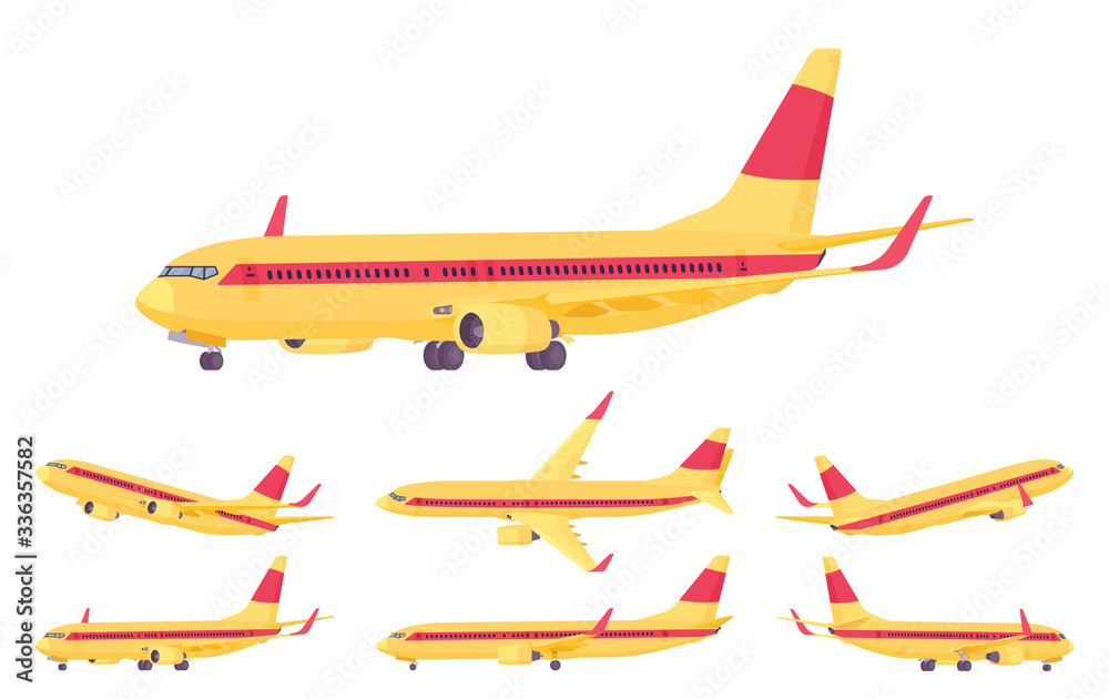 Passenger plane red stripe on yellow set, airline aircraft for passengers. Airport business vehicle sky travel jet and holiday aviation tourism. Vector flat style cartoon illustration, different views