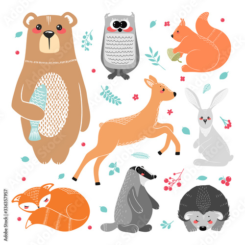 Cute animals: fox, badger, squirrel, owl, deer, doe, roe deer, hare, rabbit, hedgehog, bear and different elements. Illustration hand drawn