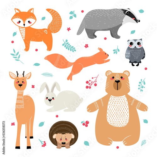 Cute animals: fox, badger, squirrel, owl, deer, doe, roe deer, hare, rabbit, hedgehog, bear and different elements. Illustration hand drawn