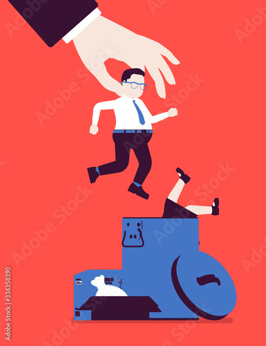 Male employee unfair dismissal, employment crisis losses. Jobless people, jobs market in massive economic disaster, increased global unemployment and recession. Vector flat style cartoon illustration