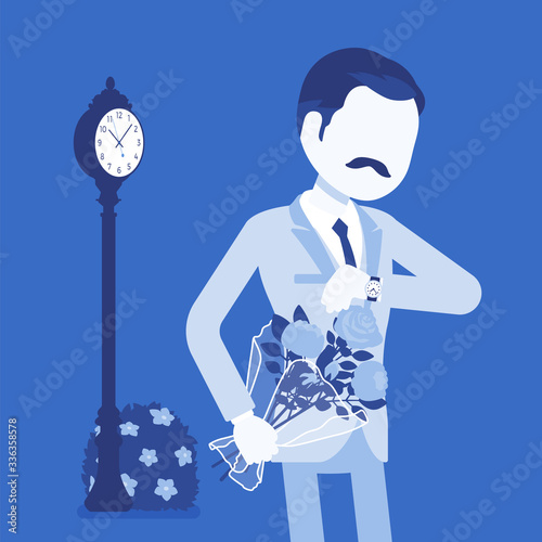 Man waiting at the romantic date, checking time. Elegant boyfriend with flower bouquet, unhappy lonely cheated male partner, anxiety on getting late friend. Vector illustration, faceless character