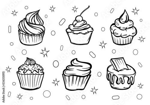 set of cupcakes with cream confectioner food baking textile print outline stroke sweets vector relish