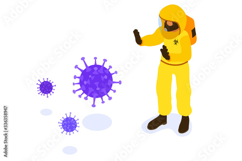 Doctor in protective coverall stop coronavirus