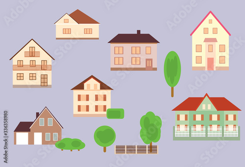 set of beautiful houses with trees and fences - vector