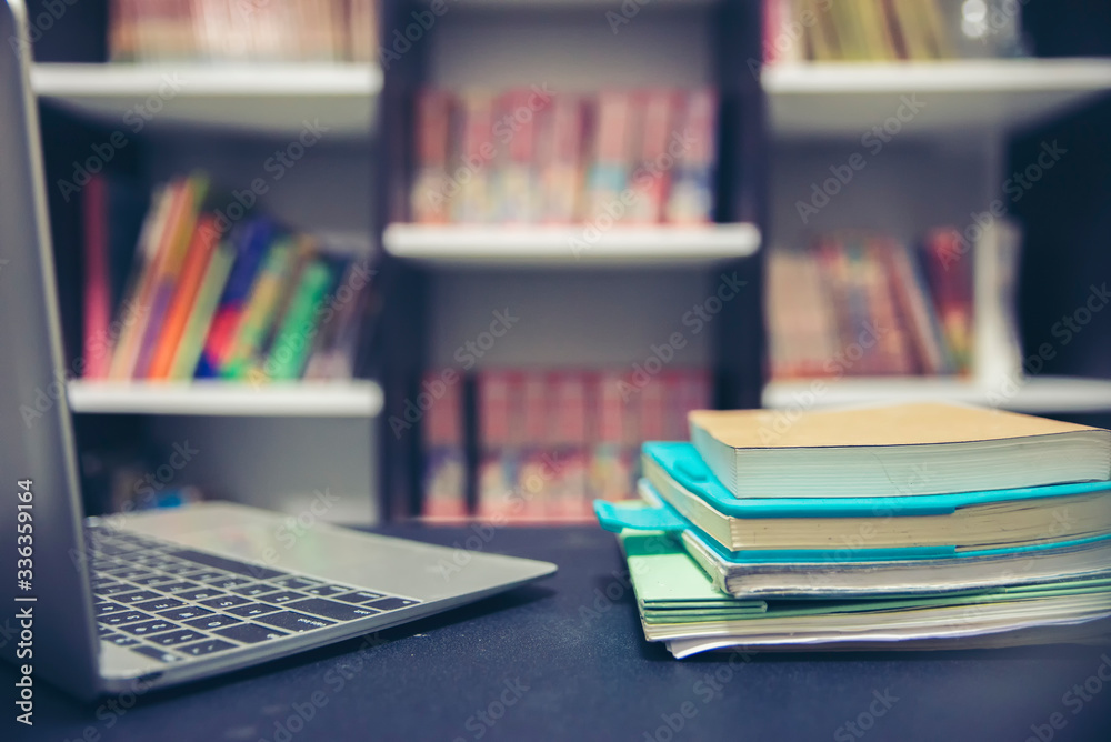 Desk for student work online at home concept.Laptop Diary and book on School table for study exam.Wooden desk with notebook and computer. Desk for student work online at home concept.Laptop Diary and book on School table for study exam.Wooden desk with notebook and computer.