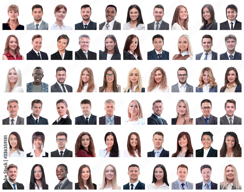 collage of portraits of successful employees isolated on white collage of portraits of successful employees isolated on white