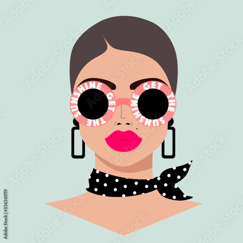 Girl in trendy sunglasses retro poster. Sunglasses with text. Beautiful woman's face. Girl wearing polka dot scarf and modern sunglasses. Summer poster design for web and print. Retro fashion look.
