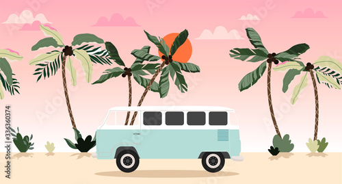 Travel van at the beach. Old style travel wagon, sunset and palm trees. Beautiful tropical sunset. Car on the sunset. No people. Trendy summer illustration. Hawaiian design for banner, poster, card.
