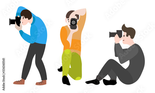 Set of different male and female photographers in different action poses. Vector illustration in a flat cartoon style.