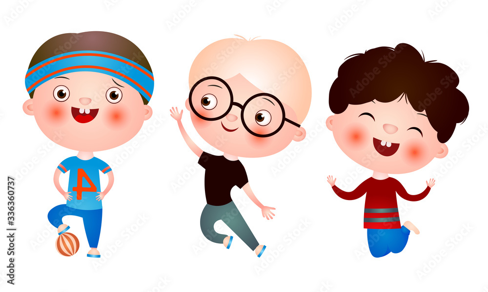 Set of funny cute little boys with funny haircuts spending free time having fun and playing. Vector illustration in a flat cartoon style. Set of funny cute little boys with funny haircuts spending free time having fun and playing. Vector illustration in a flat cartoon style.