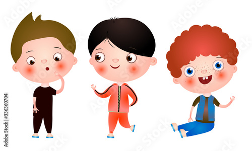 Set of funny cute little boys with funny haircuts spending free time having fun and playing. Vector illustration in a flat cartoon style.