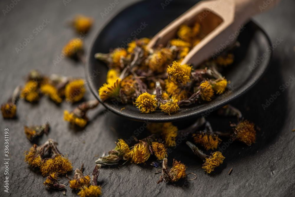 Φωτογραφία close up detail of dry dried coltsfoot yellow flower blossom bud heads for alter