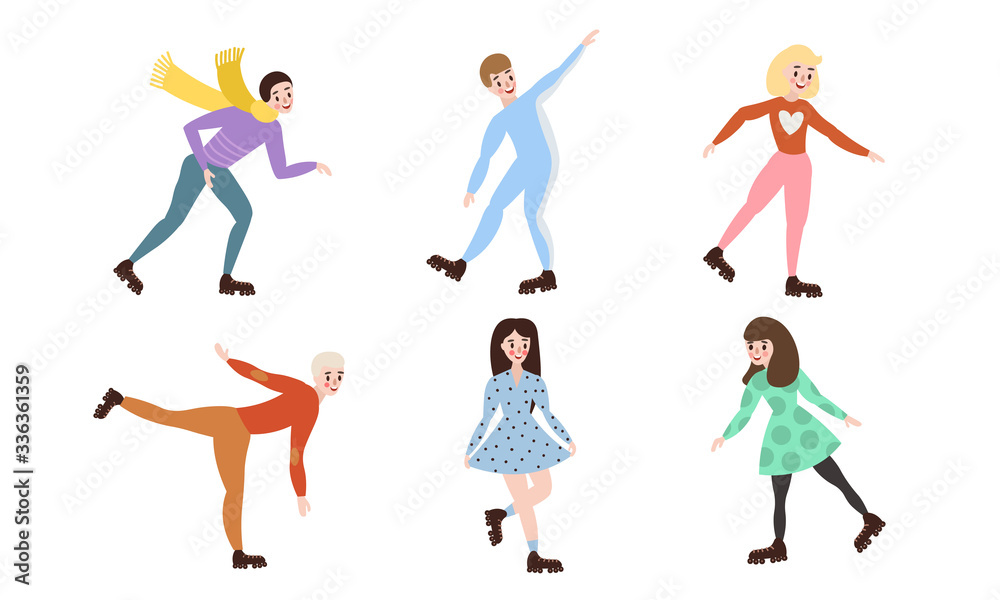 Set of different male and female characters rollerblading in different action poses. Vector illustration in a flat cartoon style.
