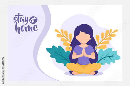 stay at home vector illustration, woman doing yoga stay at home