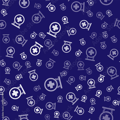 White Hospital signboard icon isolated seamless pattern on blue background. Vector Illustration