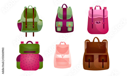 Set of modern outdoor backpacks of different shapes and colors for various people. Vector illustration in flat cartoon style.