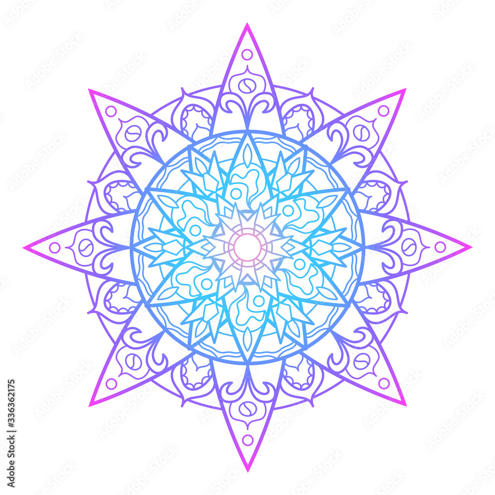 Violet blue mandala ornament, abstract vector illustration on white background. Gradient colored mandala print