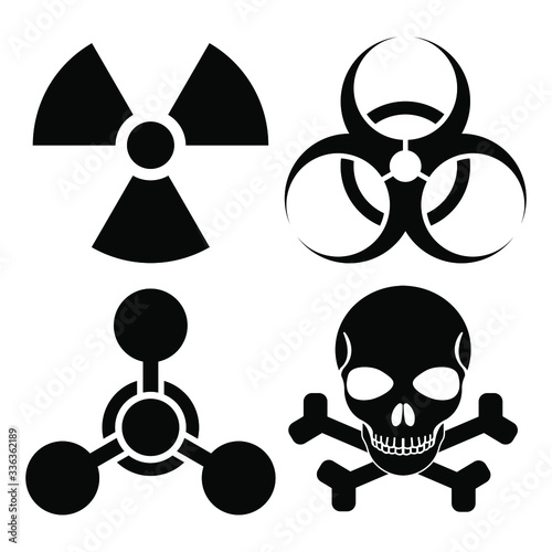 Radiation sign, biological contamination icon, chemical weapons symbol. Weapons of mass destruction icons: nuclear, biological, chemical