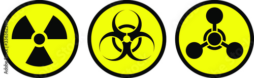 Radiation sign, biological contamination icon, chemical weapons symbol. Set of stickers of weapons of mass destruction.
