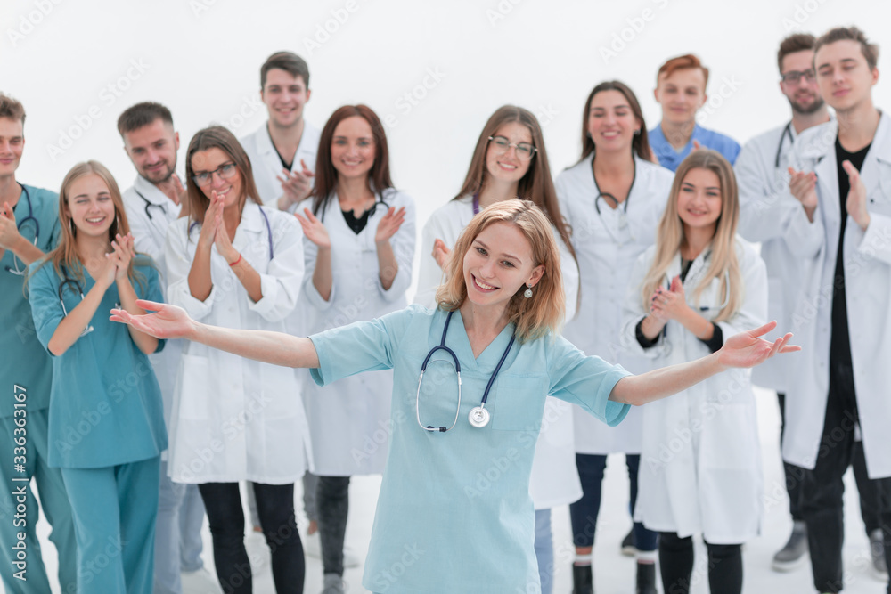 group of paramedics applauding their success. concept of health protection group of paramedics applauding their success. concept of health protection