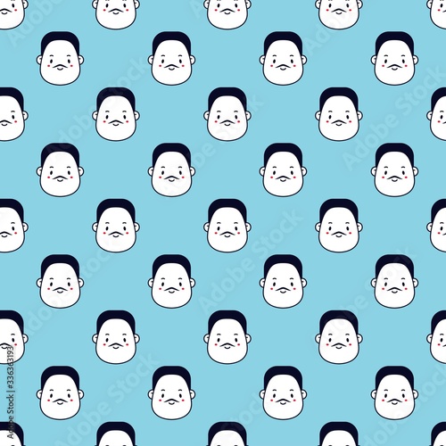 Outline kawaii white Male faces with black hair. Minimalistic Icons. Graphic Vector Seamless pattern. Cartoon Asian style. Simple cute design. Blue background. Wallpaper