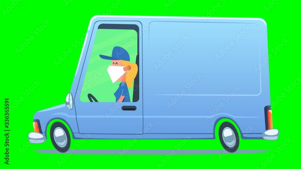 Contactless secure delivery service. Woman wearing medical mask driving a service van against the background of city. Contactless secure delivery service. Woman wearing medical mask driving a service van against the background of city.