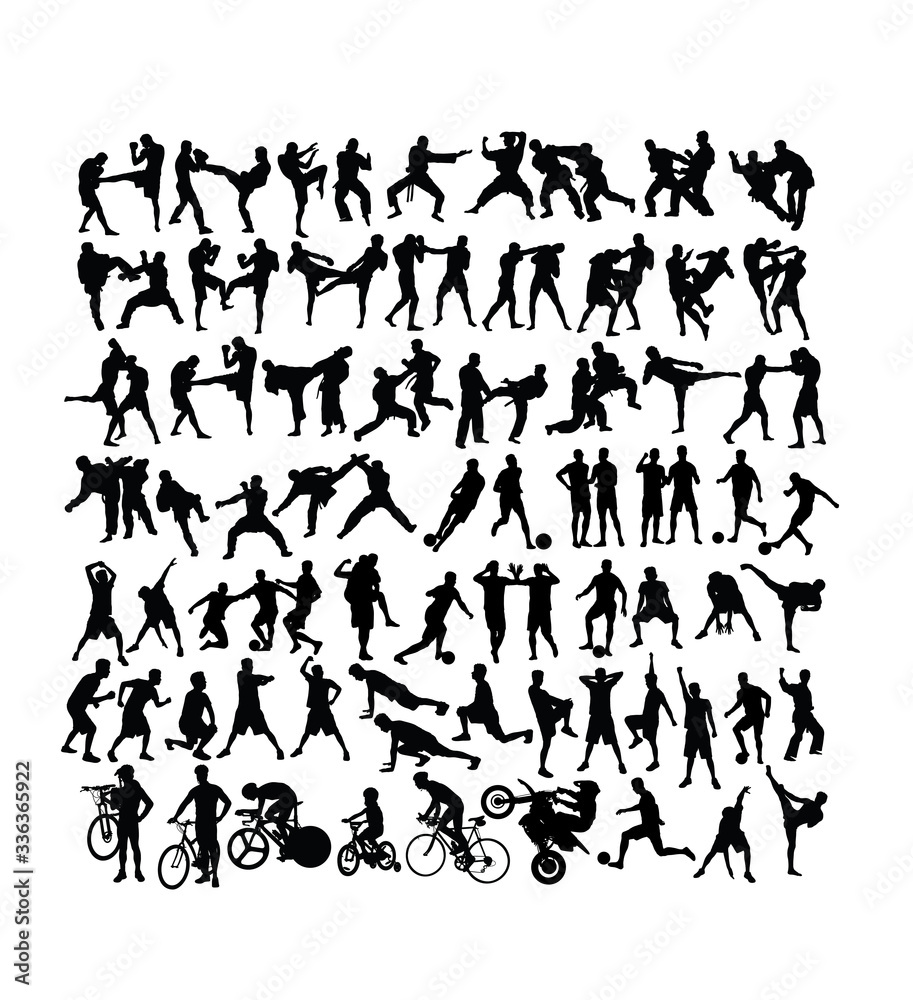 Sport Activity Silhouettes, martial art, football, gym fitness and cycling, art vector design