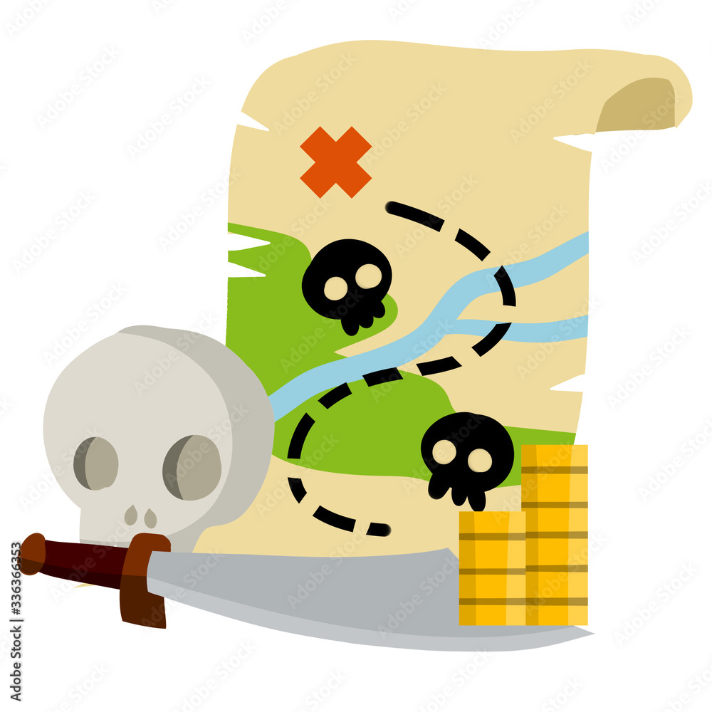 Pirate treasure map. Set of items - sword, dead man skull, gold coins. Concept of Search for adventures. Old papyrus with route. Cartoon flat illustration