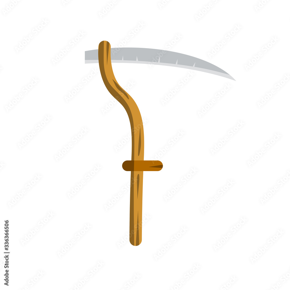 Village scythe. Wooden tool with blade. Mowing grass. Symbol of the rural harvest. Cartoon flat illustration on white background Village scythe. Wooden tool with blade. Mowing grass. Symbol of the rural harvest. Cartoon flat illustration on white background