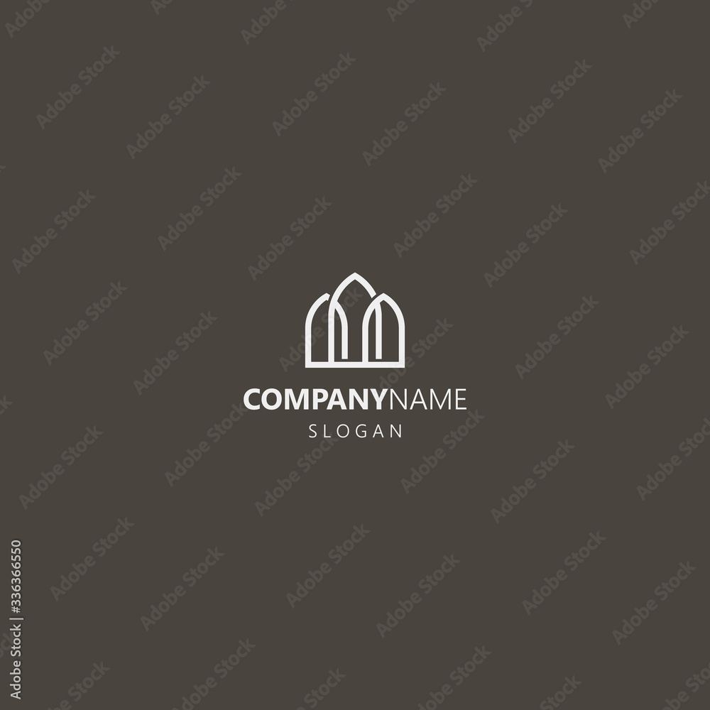 white logo on a black background. simple vector line art outline iconic logo of three gothic pointed arches or windows white logo on a black background. simple vector line art outline iconic logo of three gothic pointed arches or windows