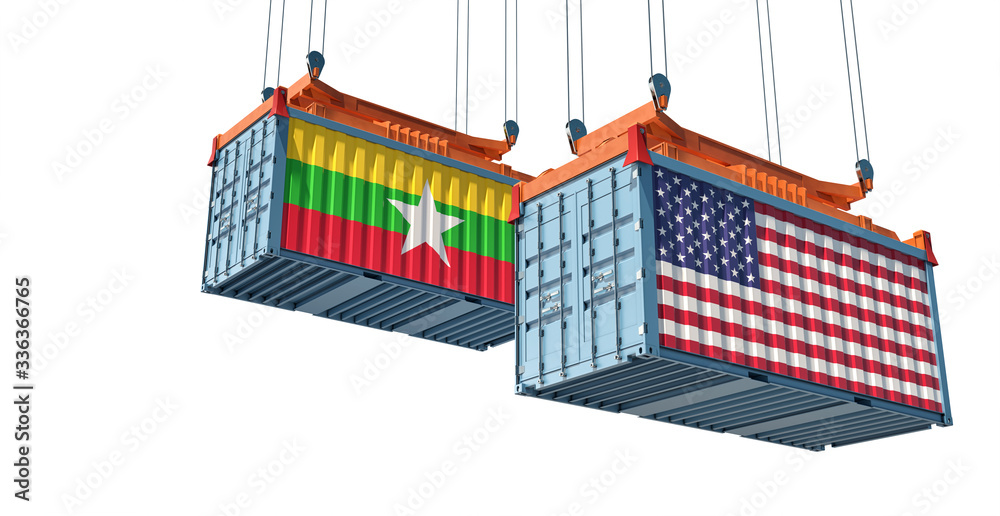 Shipping containers with Myanmar and USA flag. 3D Rendering 