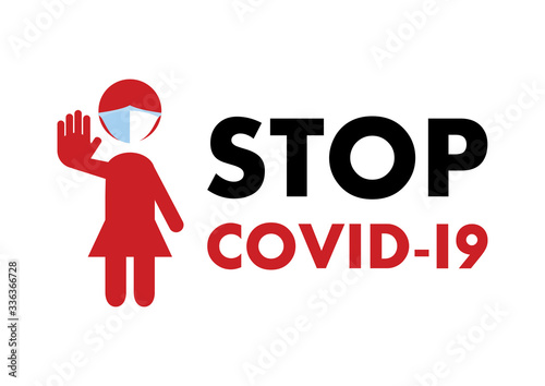 Stop COVID-19 lettering with woman making stop gesture vector. Coronavirus disease icon isolated on a white background. Figure woman showing stop hand gesture icon. Woman with protective mask icon