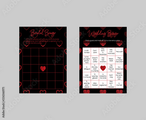 Collection of wedding and bridal bingo cards. Elegant dark black and red tickets with polygonal hearts. Scaled vector templates: 10*14 in. Games for wedding reception and bridal shower