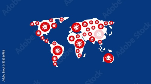 COVID-19 virus icon pop up on world map infographic, Coronavirus outbreak from Wuhan concept design on blue background seamless looping animation 4K, copy space with matte alpha channel