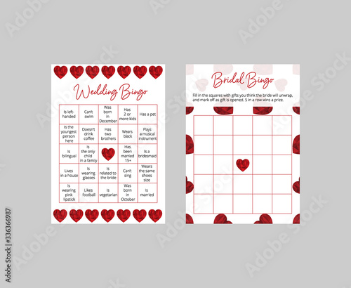 Bingo game cards for wedding reception and bridal shower. Elegant tickets with red polygonal hearts. Scaled vector templates: 10*14 in