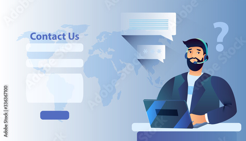 Vector illustration in flat style with male character, map of the world, Contact Us webform, laptop. Customer support banner in blue colors with man in suit. Call center concept for landing pages