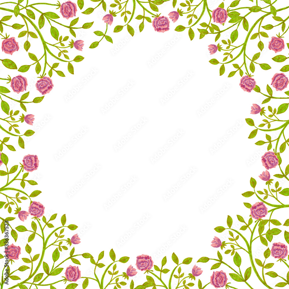 hand drawn roses flowers frame, circle, floral border, for greeting card, invitation, summer floral ornament, soft color frame, celebration cards, botanical border, soft