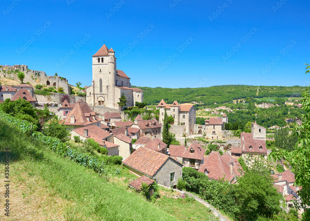 Landscape view of Saint-Cirq-Lapopie, one of the most beautiful villages in France (Les Plus Beaux Villages de France), Lot River valley department, Causses du Quercy Regional Natural Park, France