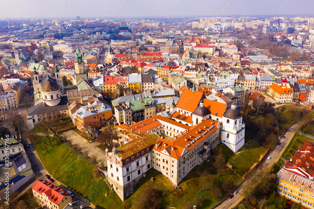 Aerial view of Lublin with Dominican monastery and Archcathedral