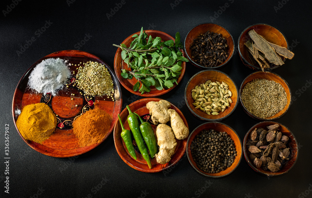 Traditional Food Ingredients, Spices in Wooden Bowls, Coriander Seeds, Salt, Pepper, Chilli Powder, Cumin, Black and Green Cardamom, Cinnamon Sticks, Cloves, Turmeric, Ginger 