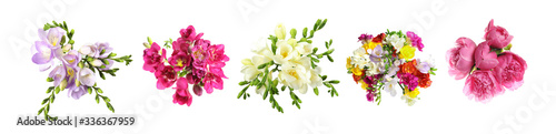 Set with beautiful freesia and peony flowers on white background. Banner design