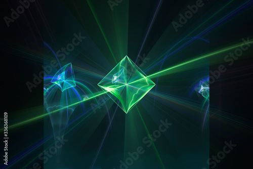 Neon glowing lines and shapes flying in the space. Geometric sci-fi structure. Abstract creative modern background