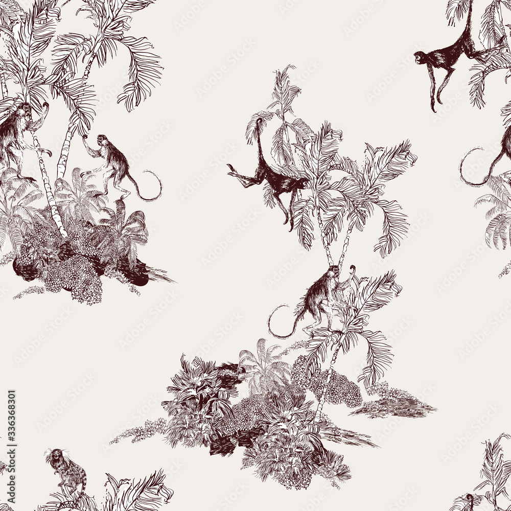custom made wallpaper toronto digitalJumping Monkeys on Palm Trees Jungle Tropical Islands Vintage Toile Etching, Hand Drawn Lithography Oriental Print, Exotic Wildlife on Palm Trees Isolated Groups