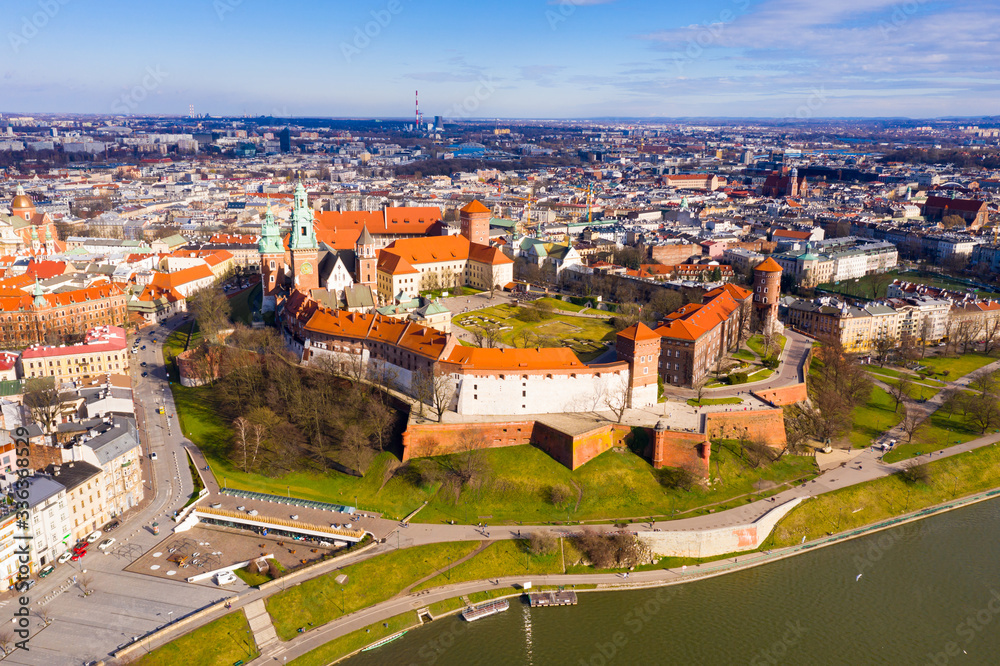 Aerial view of Wawel Hill with Castle complex, Krakow, Poland